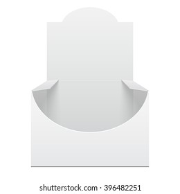 White Display Holder Box POS POI Cardboard Blank Empty, Front View. Products On White Background Isolated. Ready For Your Design. Mockup, Mock Up, Template. Product Packing. Vector EPS10