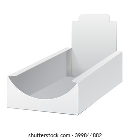 White Display Holder Box POS POI Cardboard Blank Empty. Mock-up, Mock Up, Template. Products On White Background Isolated. Ready For Your Design. Mockup Product Packing. Vector EPS10