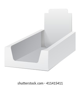 White Display Holder Box POS POI Cardboard Blank Empty. Mockup, Mock Up, Template. Products On White Background Isolated. Ready For Your Design. Mockup Product Packing. Vector EPS10