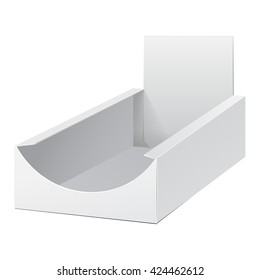 White Display Holder Box POS POI Cardboard Blank Empty. Mockup, Mock Up, Template. Products On White Background Isolated. Ready For Your Design. Mockup Product Packing. Vector EPS10