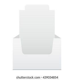 White Display Holder Box POS POI Cardboard Blank Empty, Front View. On White Background Isolated. Ready For Your Design. Mockup, Mock Up, Template. Product Packing. Vector EPS10