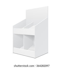 White Display Holder Box Stand POS POI Cardboard Blank Empty. Products On White Background Isolated. Ready For Your Design. Mockup Product Packing. Vector EPS10 