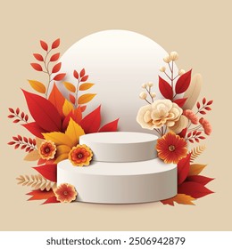 White display podium mockup. autumn season red and yellow leaves, berries, wreath. Fall floral background for products. abstract vector illustration design