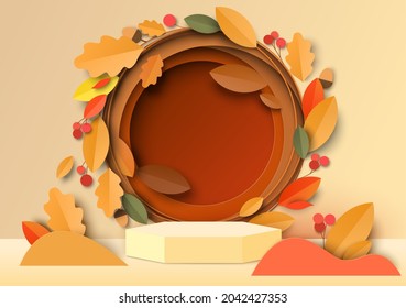 Moqueta de podio blanco, corte de papel en otoño hojas rojas y amarillas, bayas, correa, ilustración vectorial. Fondo floral de caída para publicidad de productos.