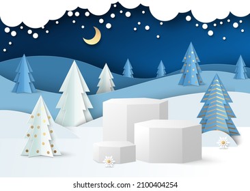 White display podium mockup set, paper cut winter night forest scene, vector illustration. Winter background for gift, cosmetic product, sales promotion.