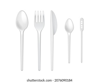 White disposable fork, knife and spoon. Realistic plastic kitchen utensil, serving set. Flatware mockup for picnic lunch, restaurant, cafe menu design. 3d cutlery, kitchenware. Vector illustration