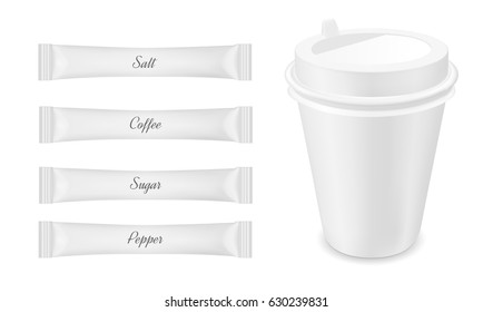 White disposable packaging for sugar and coffee. Paper coffee cup