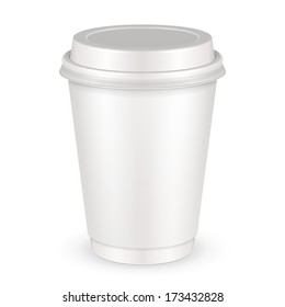 White Disposable Paper Cup With Lid. Container For Coffee, Java, Tea, Cappuccino, Dessert, Yogurt, Ice Cream, Sour Sream Or Snack. Ready For Your Design. Product Packing Vector EPS10 