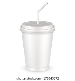 White Disposable Paper Cup With Lid And Straw. Container For Coffee, Java, Tea, Cappuccino, Dessert, Yogurt, Ice Cream, Sour Sream Or Snack. Ready For Your Design. Product Packing Vector EPS10