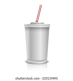 White Disposable Paper Cup With Lid And Straw. 