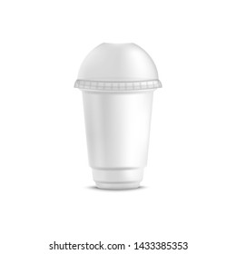 White disposable plastic cup for cold beverage with round dome lid. Empty blank juice, smoothie, coffee cup with sphere cap for mockup or template - isolated vector illustration on white background.