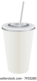 White disposable plastic cup with lid and straw