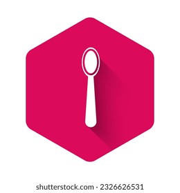 White Disposable plastic spoon icon isolated with long shadow. Pink hexagon button. Vector Illustration