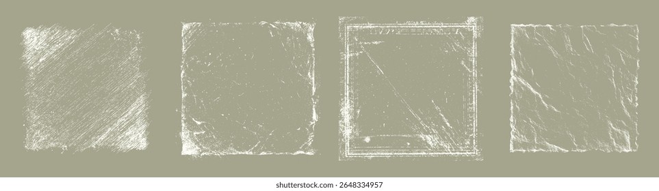 White distressed frame textures on olive green. Grunge overlay borders with scratch and wrinkle effects.
