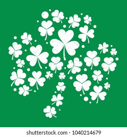 White distressed shamrock shape made with small shamrocks on green background vector illustration