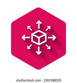 White Distribution icon isolated with long shadow. Content distribution concept. Pink hexagon button. Vector Illustration