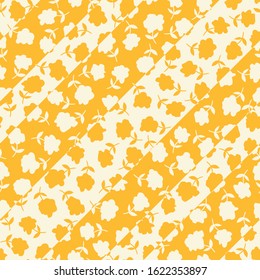 White Ditsy Allover Floral Silhouettes Vector Seamless Pattern. Simple Small Hand Drawn Flowers with Stems, Stripes Elegant Abstract White Blooms on Yellow Background. Minimal Stylized Daisies Print