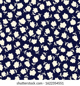 White Ditsy Allover Floral Silhouettes Vector Seamless Pattern. Simplistic Small Hand Drawn Flowers with Stems, Elegant Abstract White Blooms on Navy Background. Minimal Stylized Daisies Print