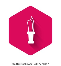 White Diving knife icon isolated with long shadow background. Pink hexagon button. Vector