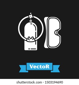 White Diving mask and aqualung icon isolated on black background. Oxygen tank for diver. Extreme sport. Sport equipment.  Vector Illustration