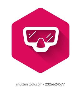 White Diving mask icon isolated with long shadow background. Extreme sport. Diving underwater equipment. Pink hexagon button. Vector