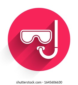 White Diving mask and snorkel icon isolated with long shadow. Extreme sport. Diving underwater equipment. Red circle button. Vector Illustration