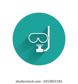 White Diving mask and snorkel icon isolated with long shadow. Extreme sport. Diving underwater equipment. Green circle button. Vector