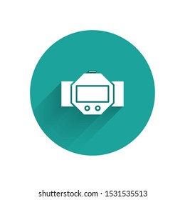 White Diving watch icon isolated with long shadow. Diving underwater equipment. Green circle button. Vector Illustration