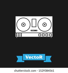 White DJ remote for playing and mixing music icon isolated on black background. DJ mixer complete with vinyl player and remote control.  Vector Illustration