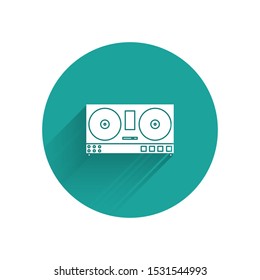 White DJ remote for playing and mixing music icon isolated with long shadow. DJ mixer complete with vinyl player and remote control. Green circle button. Vector Illustration