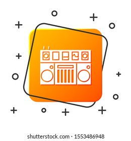 White DJ remote for playing and mixing music icon isolated on white background. DJ mixer complete with vinyl player and remote control. Orange square button. Vector Illustration