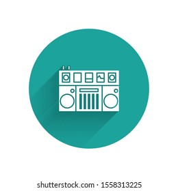 White DJ remote for playing and mixing music icon isolated with long shadow. DJ mixer complete with vinyl player and remote control. Green circle button. Vector Illustration