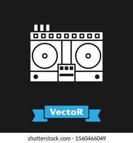White DJ remote for playing and mixing music icon isolated on black background. DJ mixer complete with vinyl player and remote control.  Vector Illustration