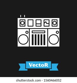 White DJ remote for playing and mixing music icon isolated on black background. DJ mixer complete with vinyl player and remote control.  Vector Illustration