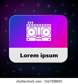 White DJ remote for playing and mixing music icon isolated on black background. DJ mixer complete with vinyl player and remote control. Rectangle color button. Vector Illustration