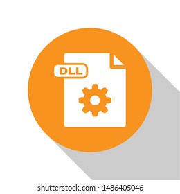 White DLL file document. Download dll button icon isolated on white background. DLL file symbol. Orange circle button. Vector Illustration