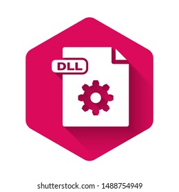 White DLL file document. Download dll button icon isolated with long shadow. DLL file symbol. Pink hexagon button. Vector Illustration