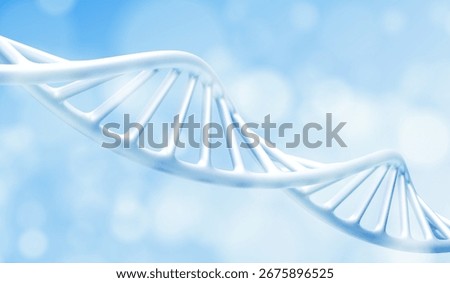 White DNA helix strand structure on blue gradient background for scientific research presentations. Double spiral model with soft shadows and clean rendering. Medical genetics visualization asset.
