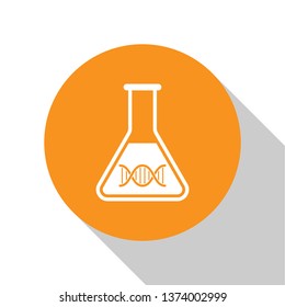 White DNA research, search icon isolated on white background. Genetic engineering, genetics testing, cloning, paternity testing. Orange circle button. Flat design. Vector Illustration
