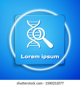 White DNA research, search icon isolated on blue background. Magnifying glass and dna chain. Genetic engineering, cloning, paternity testing. Blue square button. Vector Illustration