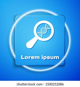 White DNA research, search icon isolated on blue background. Magnifying glass and dna chain. Genetic engineering, cloning, paternity testing. Blue square button. Vector Illustration