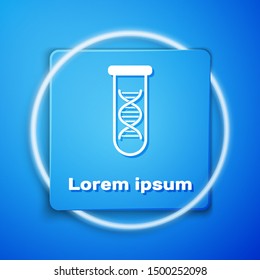 White DNA research, search icon isolated on blue background. Genetic engineering, genetics testing, cloning, paternity testing. Blue square button. Vector Illustration