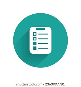 White To do list or planning icon isolated with long shadow. Green circle button. Vector