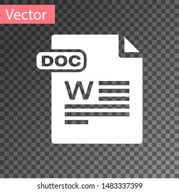 White DOC file document. Download doc button icon isolated on transparent background. DOC file extension symbol.  Vector Illustration