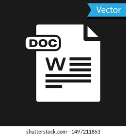 White DOC file document. Download doc button icon isolated on black background. DOC file extension symbol.  Vector Illustration
