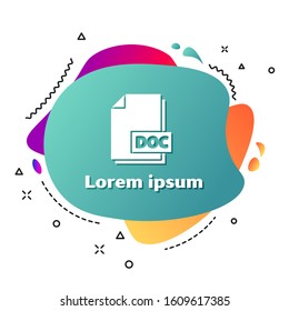 White DOC file document. Download doc button icon isolated on white background. DOC file extension symbol. Abstract banner with liquid shapes. Vector Illustration