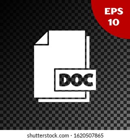 White DOC file document. Download doc button icon isolated on transparent dark background. DOC file extension symbol.  Vector Illustration