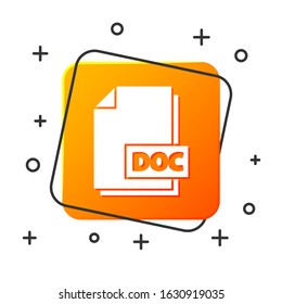 White DOC file document. Download doc button icon isolated on white background. DOC file extension symbol. Orange square button. Vector Illustration