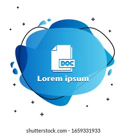 White DOC file document. Download doc button icon isolated on white background. DOC file extension symbol. Abstract banner with liquid shapes. Vector Illustration