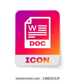 White DOC file document icon. Download doc button icon isolated on white background. DOC file extension symbol. Rectangle color button. Vector Illustration
